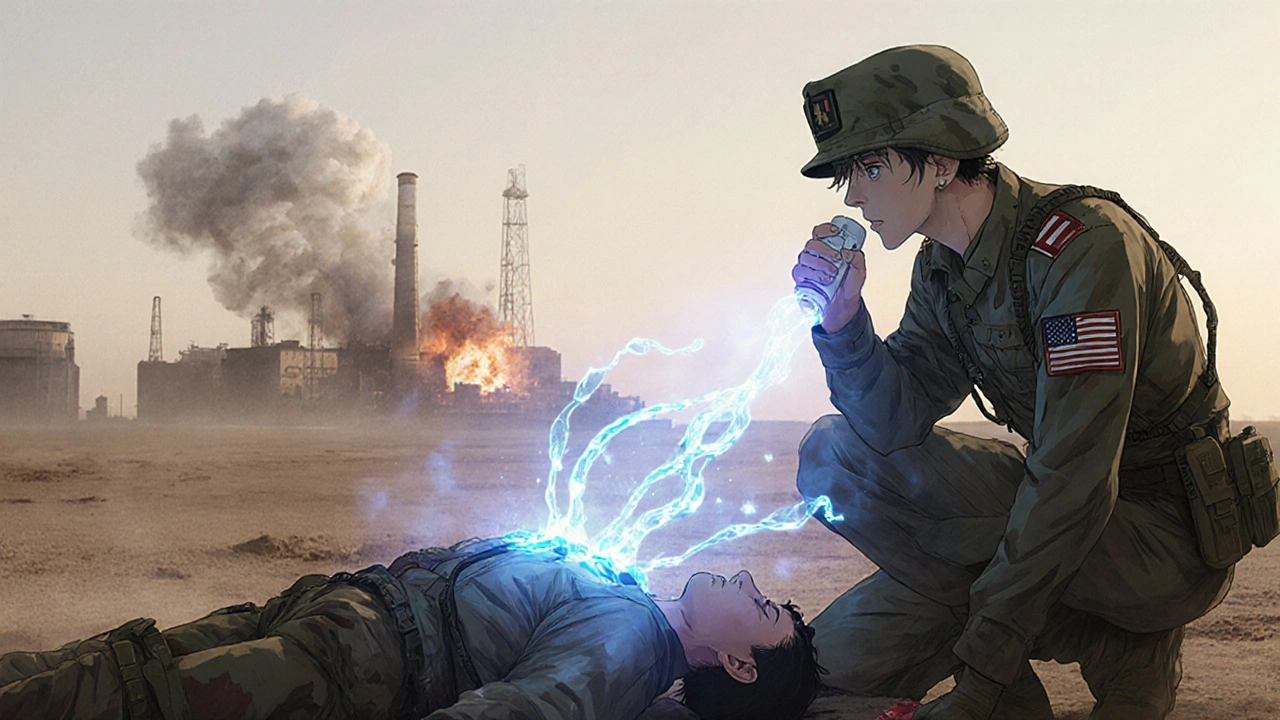 A medic administers nitroglycerin spray to a wounded soldier, with a ghostly explosion overlay symbolizing its dual history.