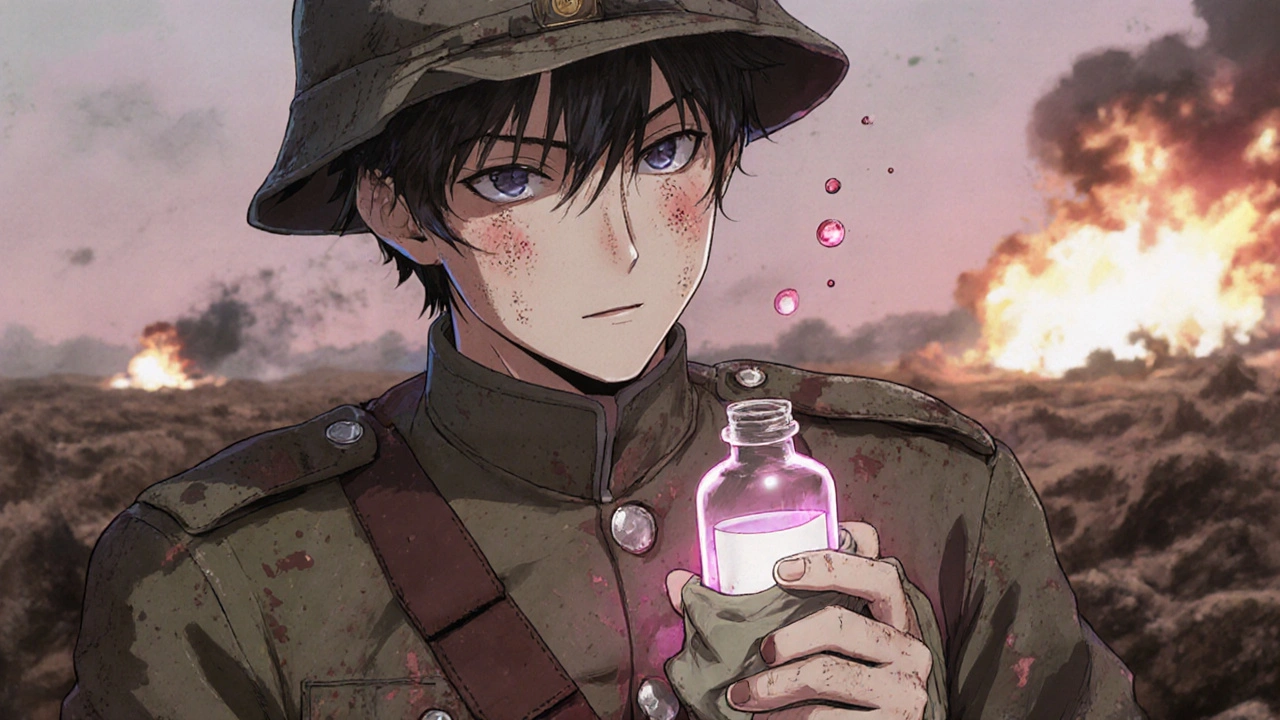 A World War I soldier holds a fragile nitroglycerin vial, glowing particles drifting from his chest as explosions rage behind him.