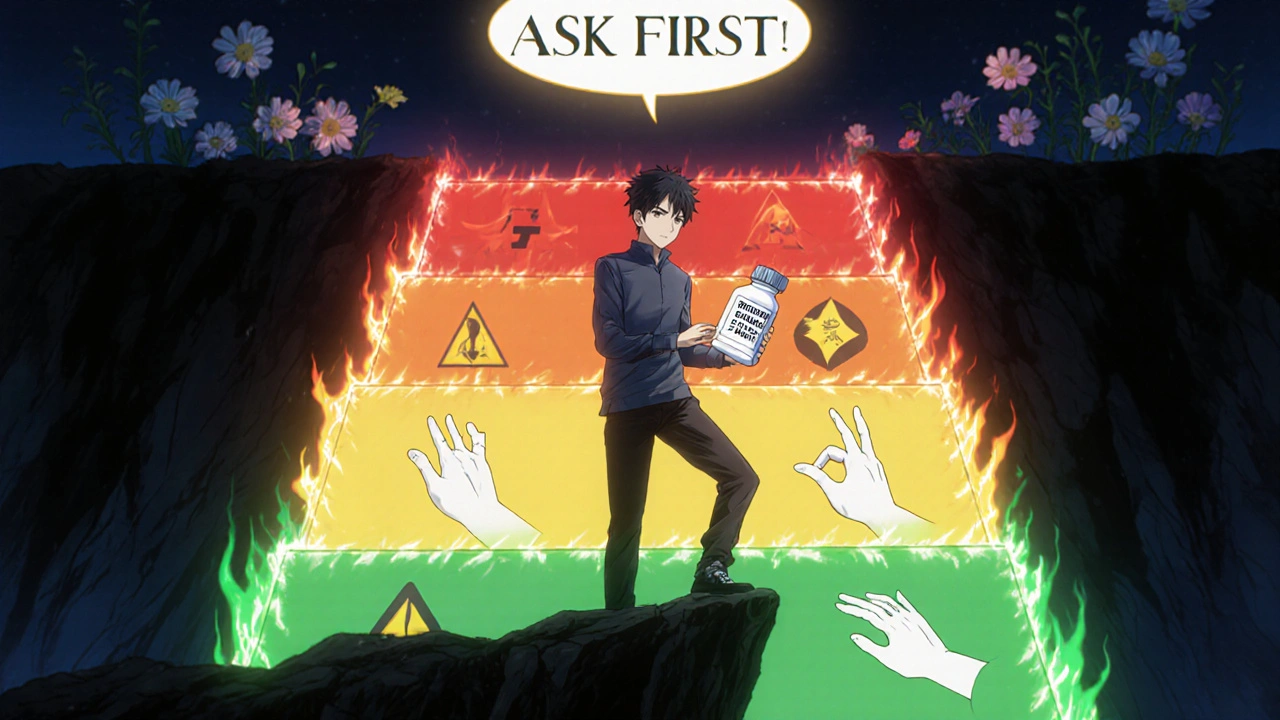 A young man at a cliff&#039;s edge choosing a safe medical path, with a glowing four-tiered staircase representing medication safety levels.