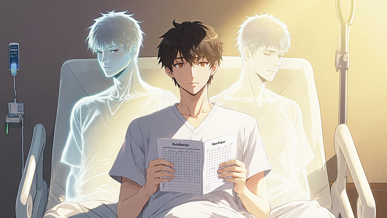 A young man calmly holding a tapering schedule on a hospital bed, peaceful light surrounding him as ghostly medication forms fade away.