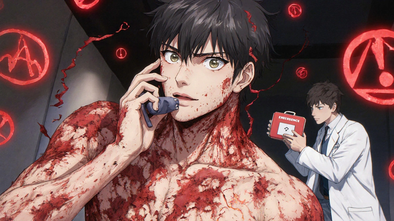 A young man with a severe, blistering rash spreading across his skin, rushing toward medical help in a hospital setting.