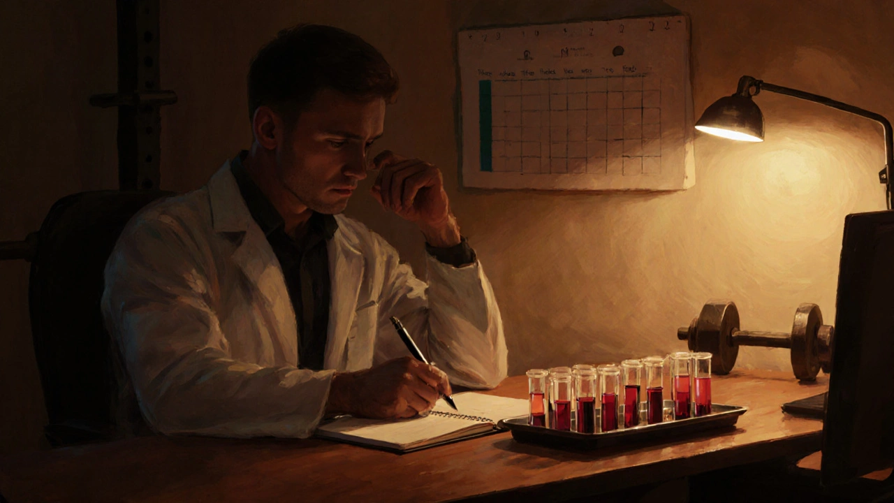 Athlete reviewing a journal and blood test tubes beside a calendar and gym equipment.