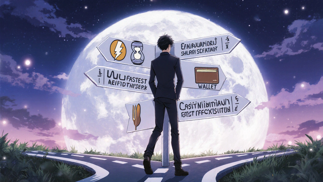 Bishounen at a crossroads with icon‑based signposts for fast onset, long duration, low cost, and food impact.