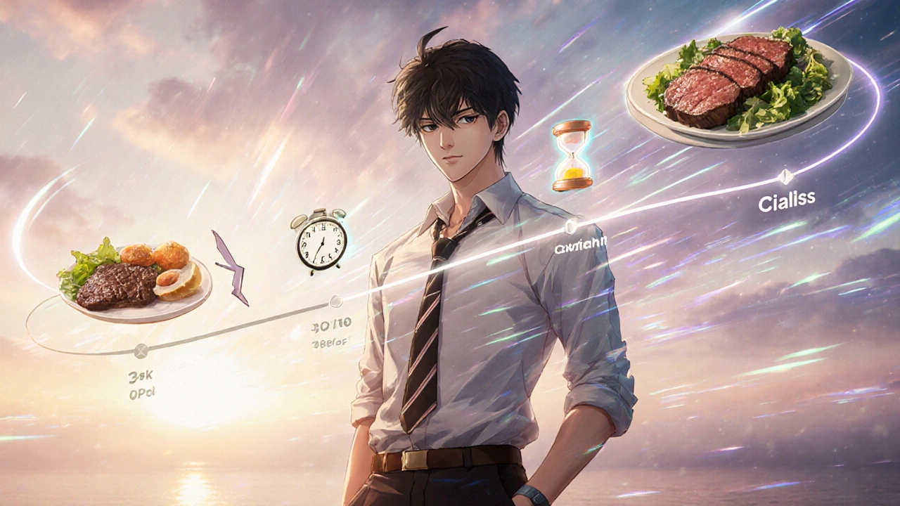 Bishounen beside a floating timeline with icons for onset speed, duration, and food effects, plus meal symbols.
