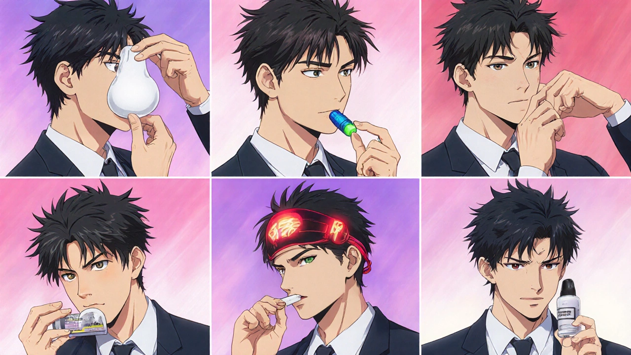 Bishounen characters using various hair‑loss products: foam, pill, supplement, light cap, injection, shampoo.