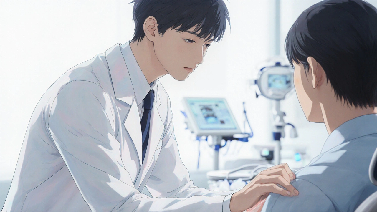 Bishounen doctor examining patient in a clinic, indicating BPH diagnosis.