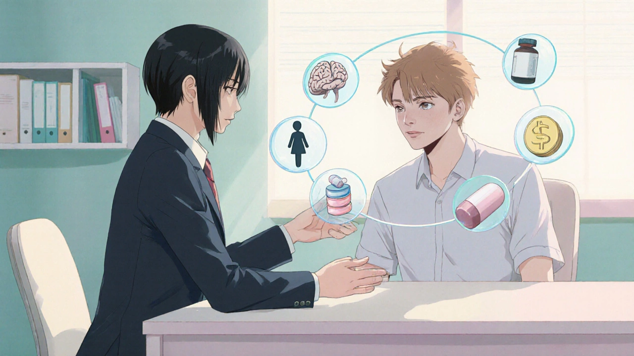 Bishounen neurologist consulting a patient with floating icons of brain, pregnancy, cost, and pills.