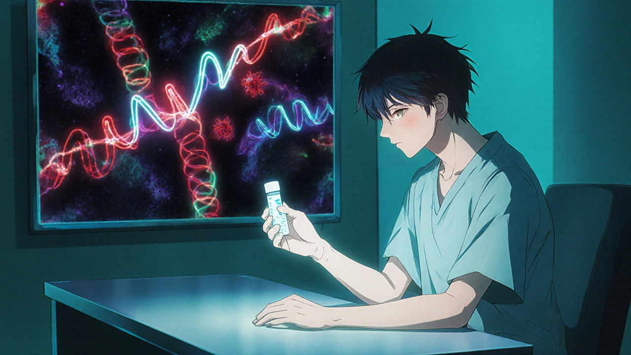 Bishounen patient with biopsy sample and holographic chromosome translocation display.