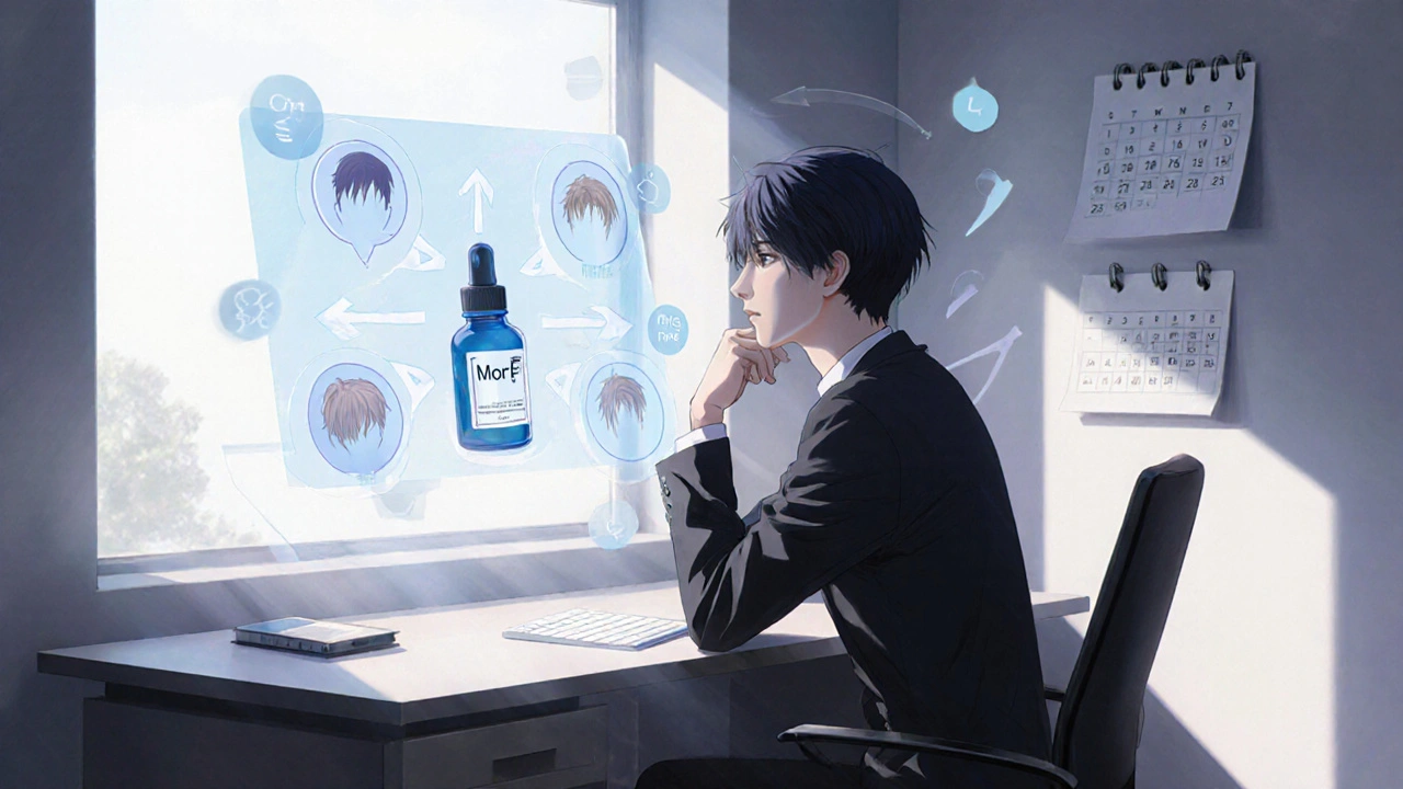 Bishounen pondering treatment options at a desk, with floating icons for cost and results.