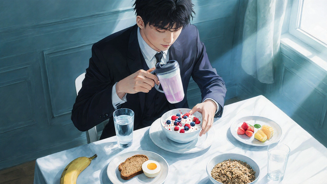 Bishounen preparing protein‑rich breakfast with small, low‑fat meals on a tidy table.