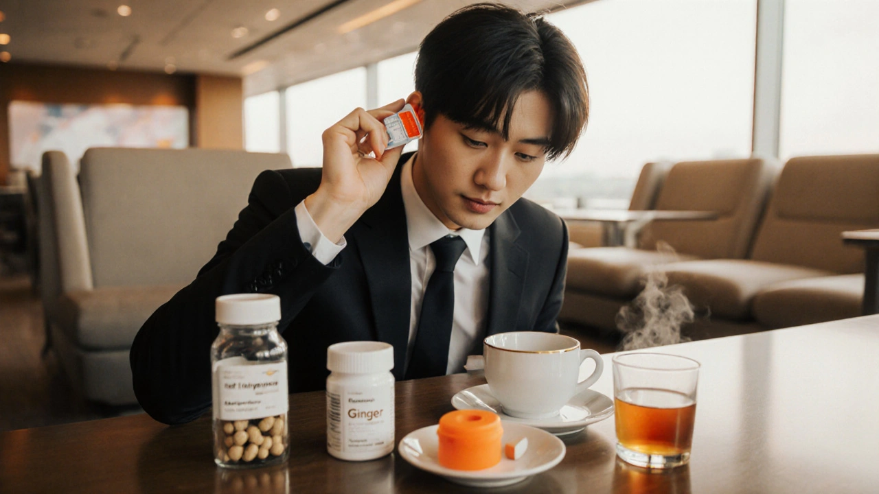 Bishounen reviewing travel sickness meds: patch, chewable, tablet, ginger tea.