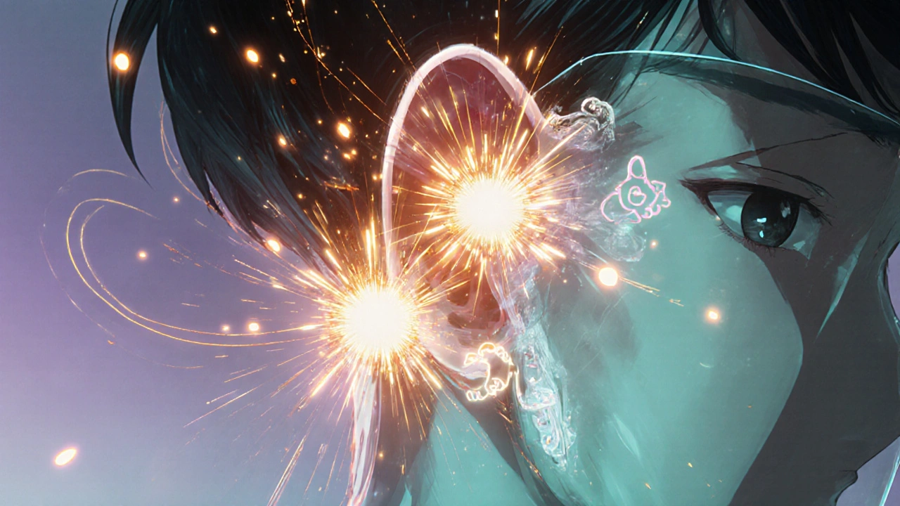 Bishounen’s inner ear shown with ginger molecules binding to receptors, calming motion sickness.