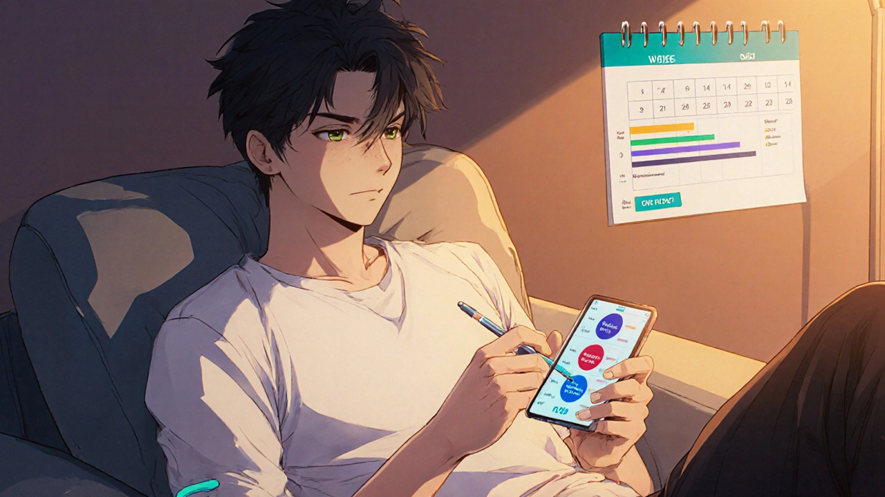 Bishounen using a smartphone app to log GI symptoms, poised to pause injection.