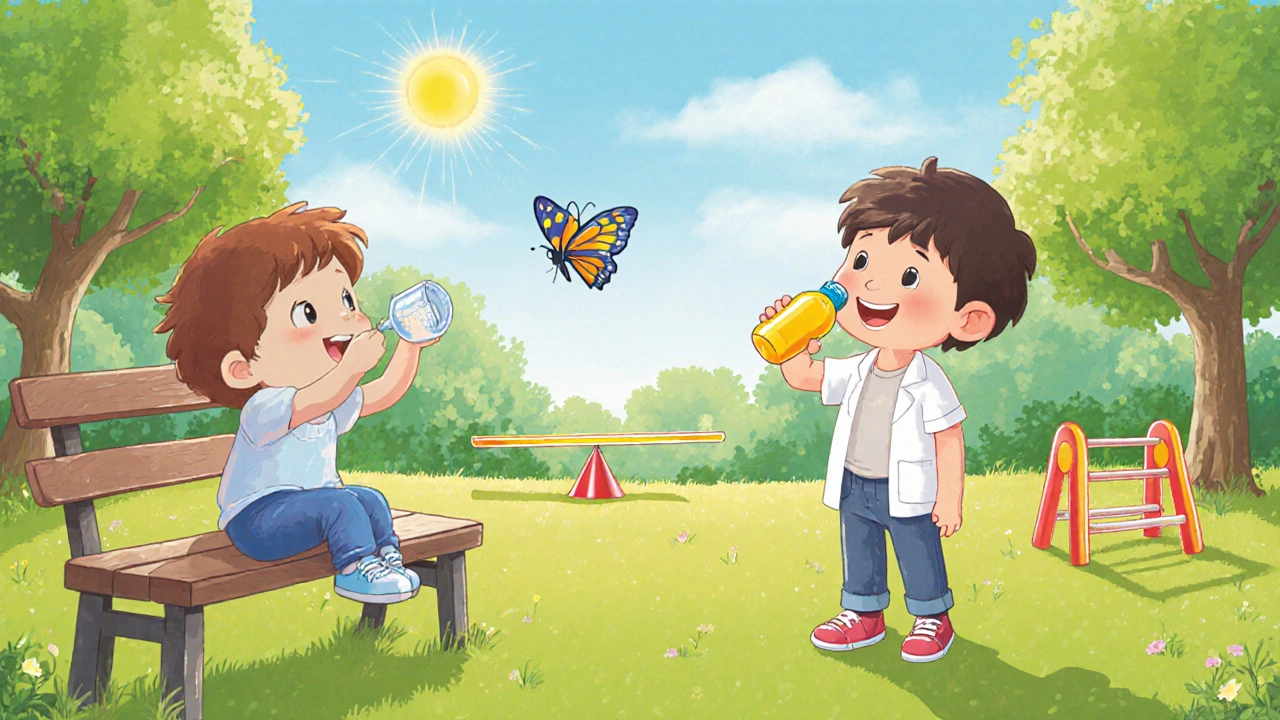 Child practicing balance and hydration habits in a sunny park, feeling steady.