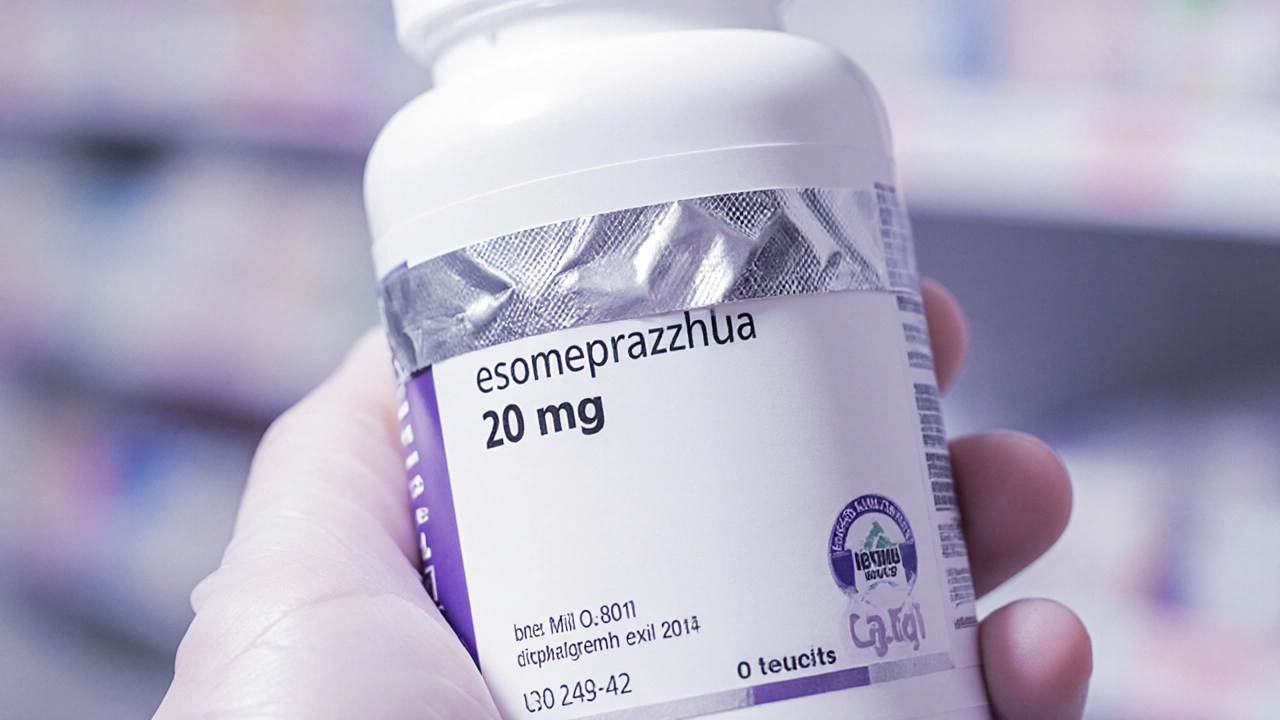 Close-up of a sealed generic Nexium pill bottle being inspected.