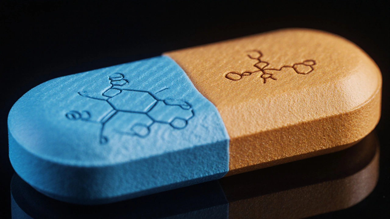 Close‑up of a split tablet showing blue sildenafil side and amber duloxetine side with faint molecular outlines.