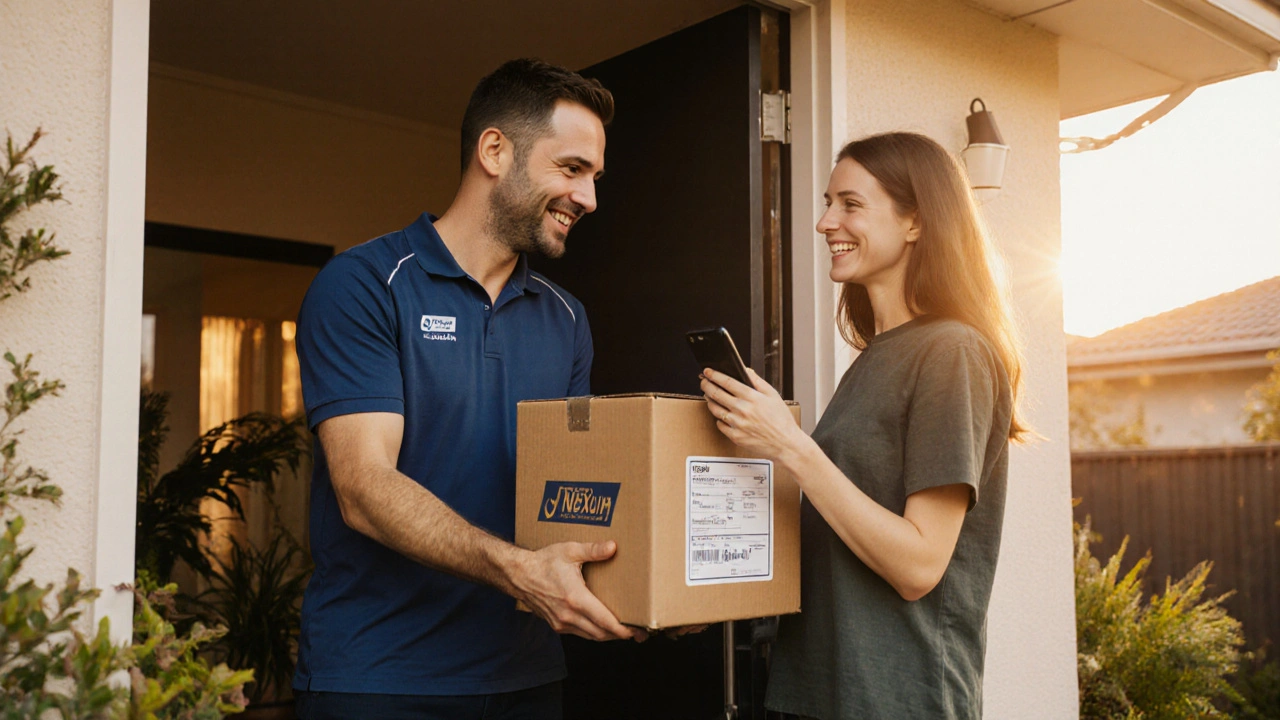 Courier delivering a sealed pharmacy box to a happy customer at home.
