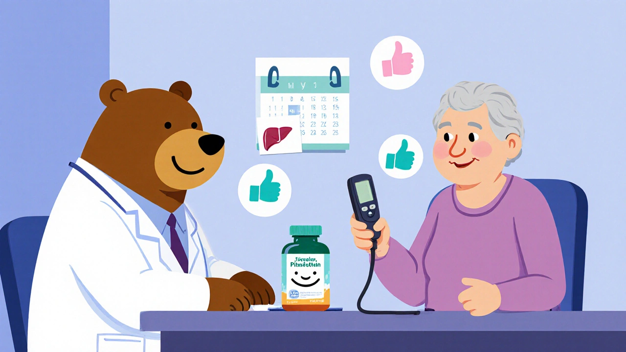 Doctor explains pitavastatin to older patient; liver and muscle icons give thumbs‑up.