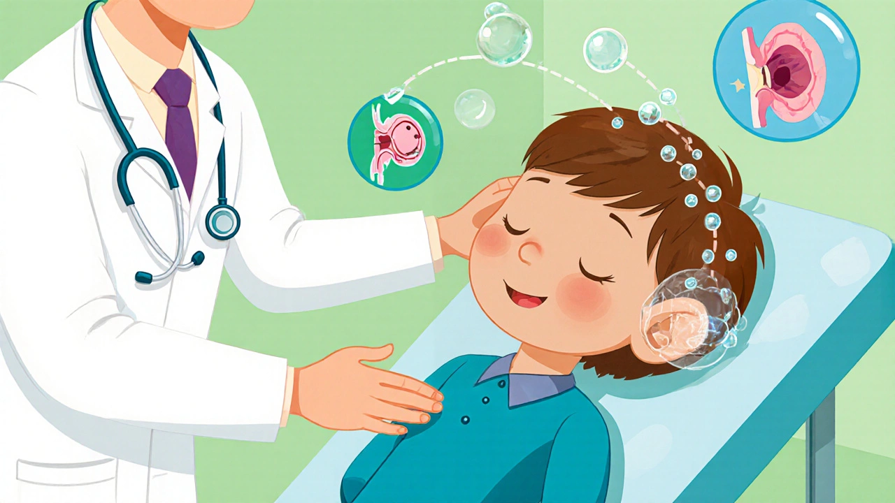 Doctor guiding a child through the Epley maneuver with floating inner‑ear crystals.