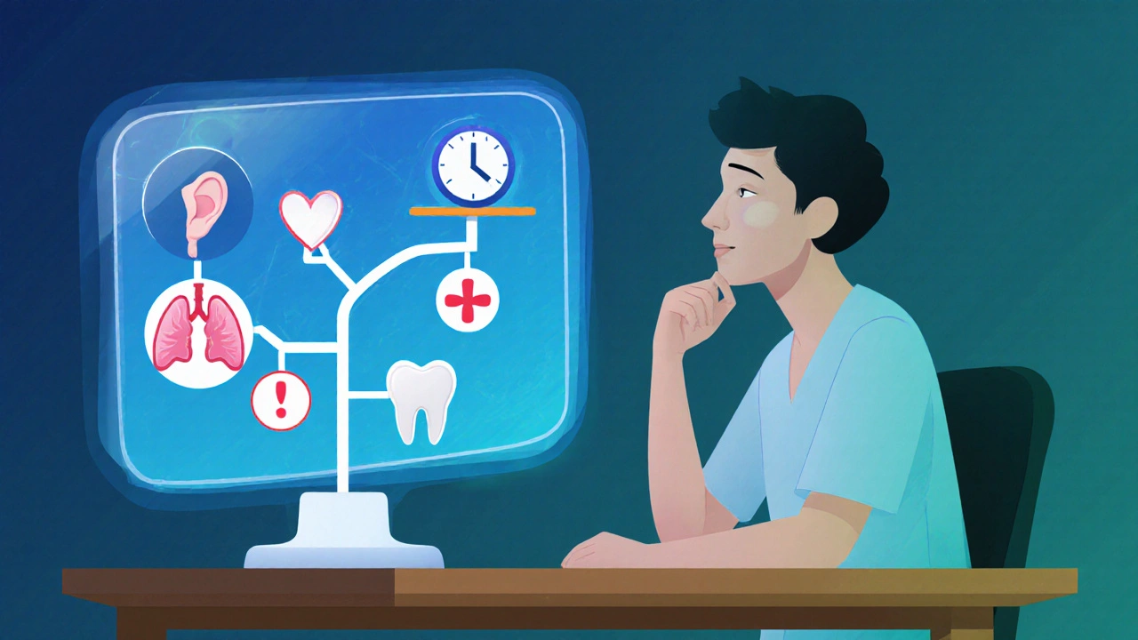 Doctor reviewing holographic decision tree of infections, resistance, and antibiotic balance.