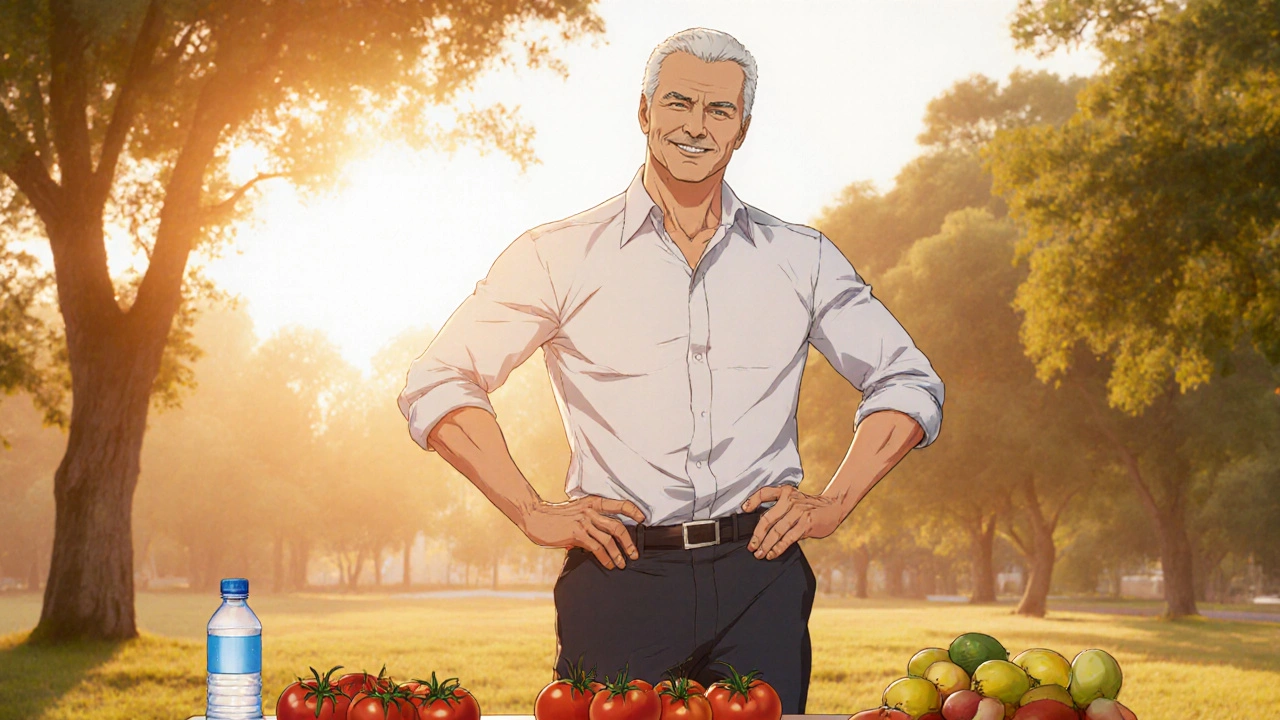 Fit bishounen man doing pelvic exercises in a sunny park with healthy foods.