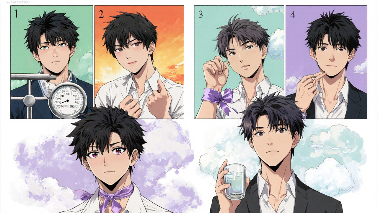 Four‑panel manga showing five bishounen characters each symbolizing a different anti‑seizure drug.