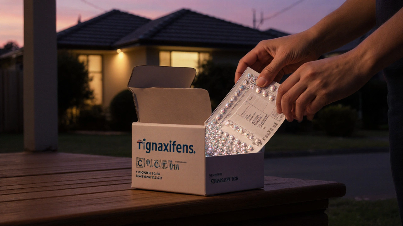 Hand checking a delivered box of generic tamoxifen tablets on a porch at dusk.