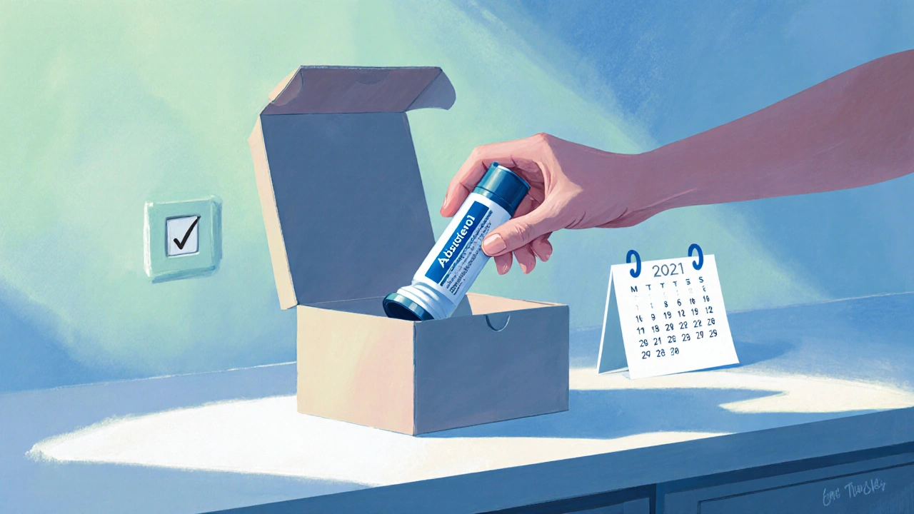 Hand inspecting a newly delivered albuterol inhaler next to a calendar marked with the receipt date.