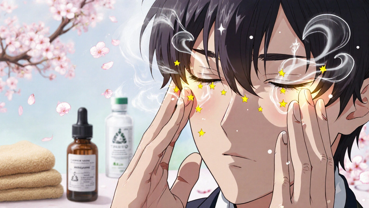 Hands gently massaging eyelids as golden oil droplets glow and steam rises.