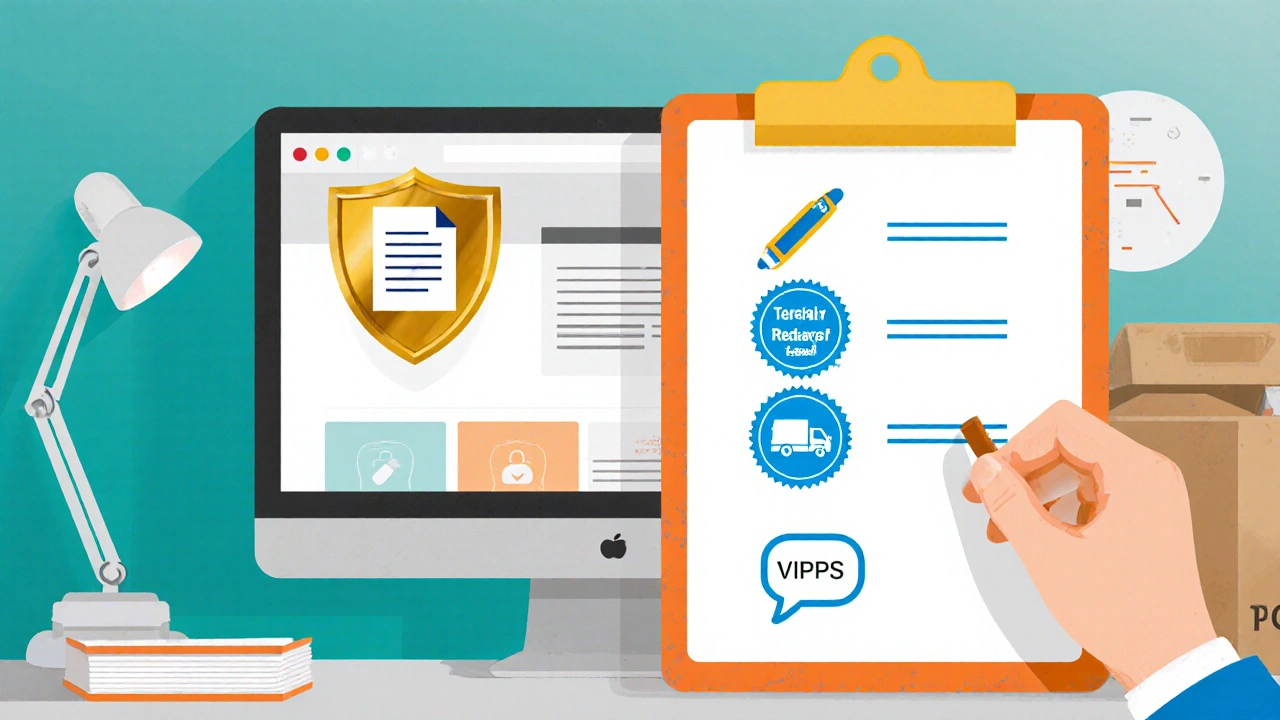 Illustrated safety checklist with icons for license, prescription, verification seal, shipping, and support.