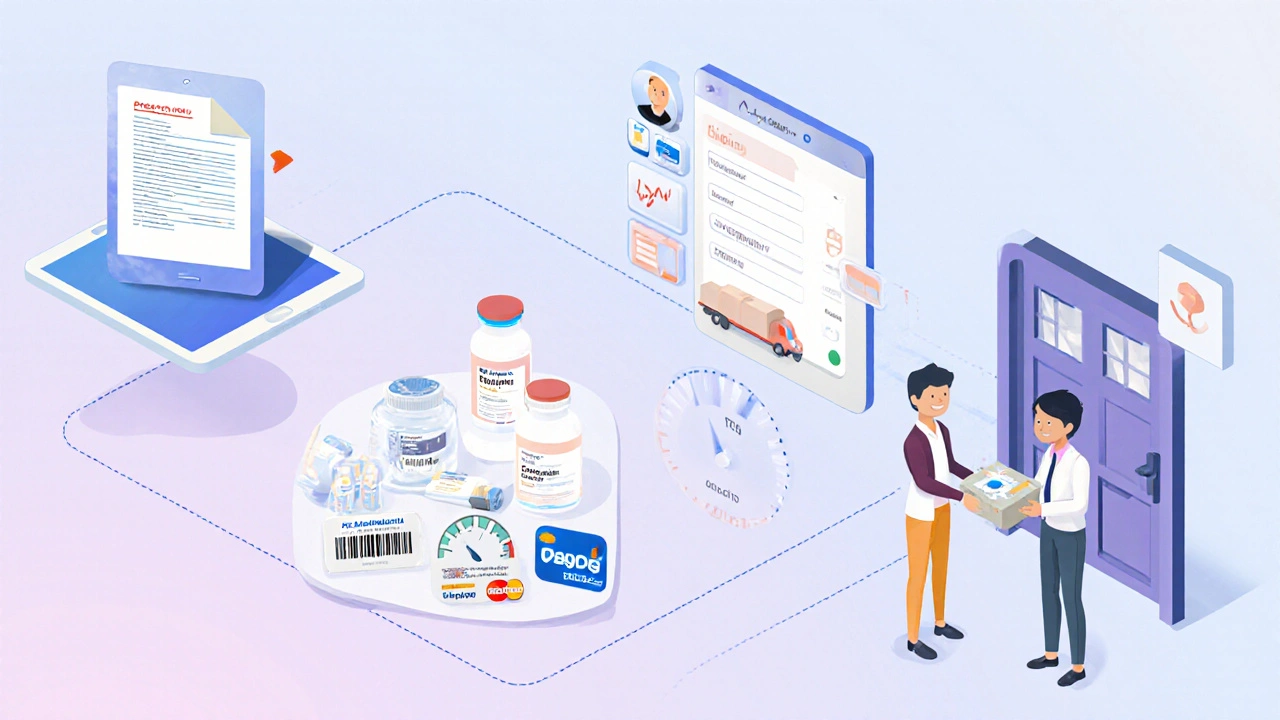 Isometric depiction of the step‑by‑step online ordering process ending with a delivered pill bottle.