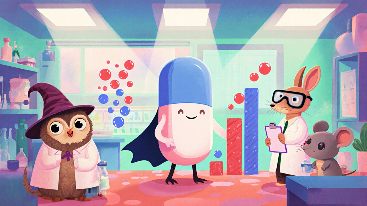 Lab scene shows pitavastatin pill lowering LDL bars, other statins looking worried.