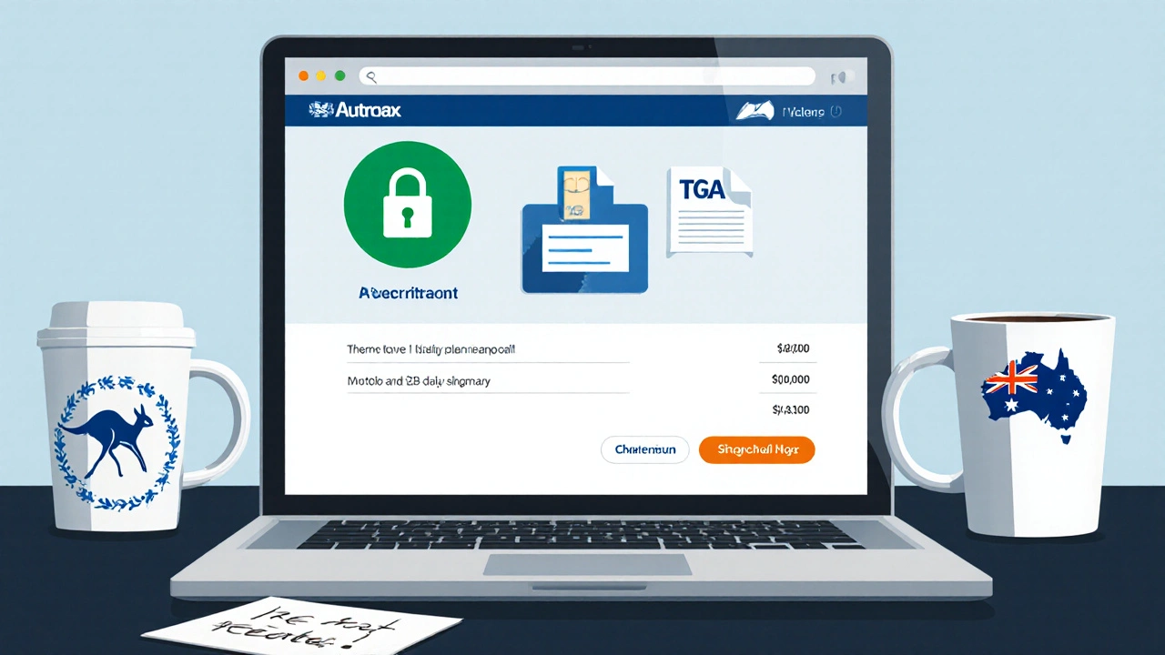 Laptop screen showing secure online pharmacy order with padlock and TGA badge.
