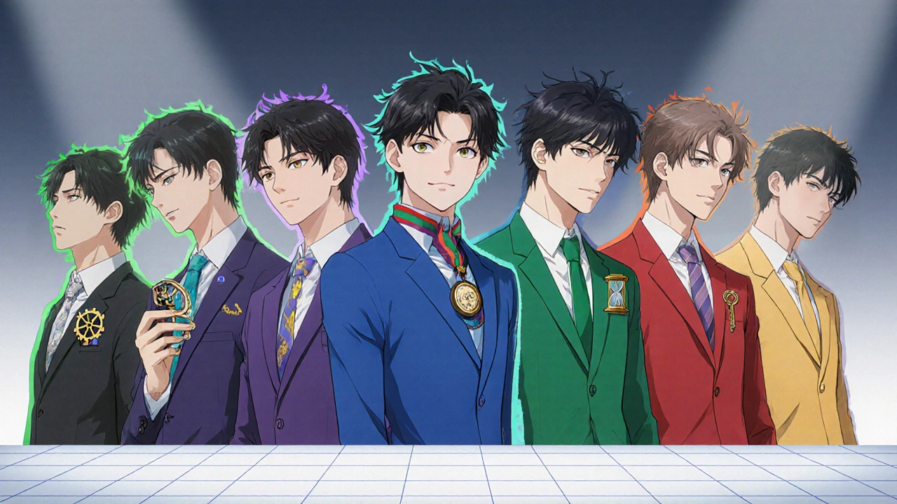 Lineup of bishounen figures each symbolizing a different muscle relaxant with unique visual cues.