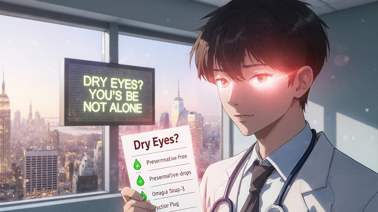 Patient and doctor reviewing medications with tear aura and healing symbols.