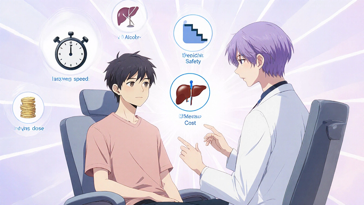 Patient consults a bishounen doctor, surrounded by icons for onset, drowsiness, liver safety, and cost.