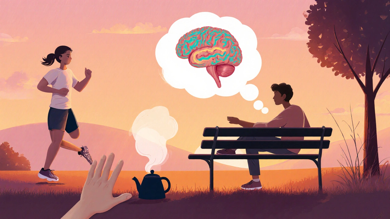 Person on a bench with thought bubble of balanced brain, therapist, jogger, and kettle representing holistic treatment.