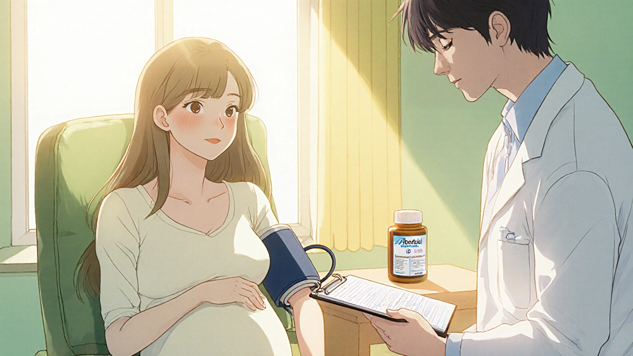 Pregnant woman checking blood pressure, Labetalol bottle nearby, doctor reassuring her.