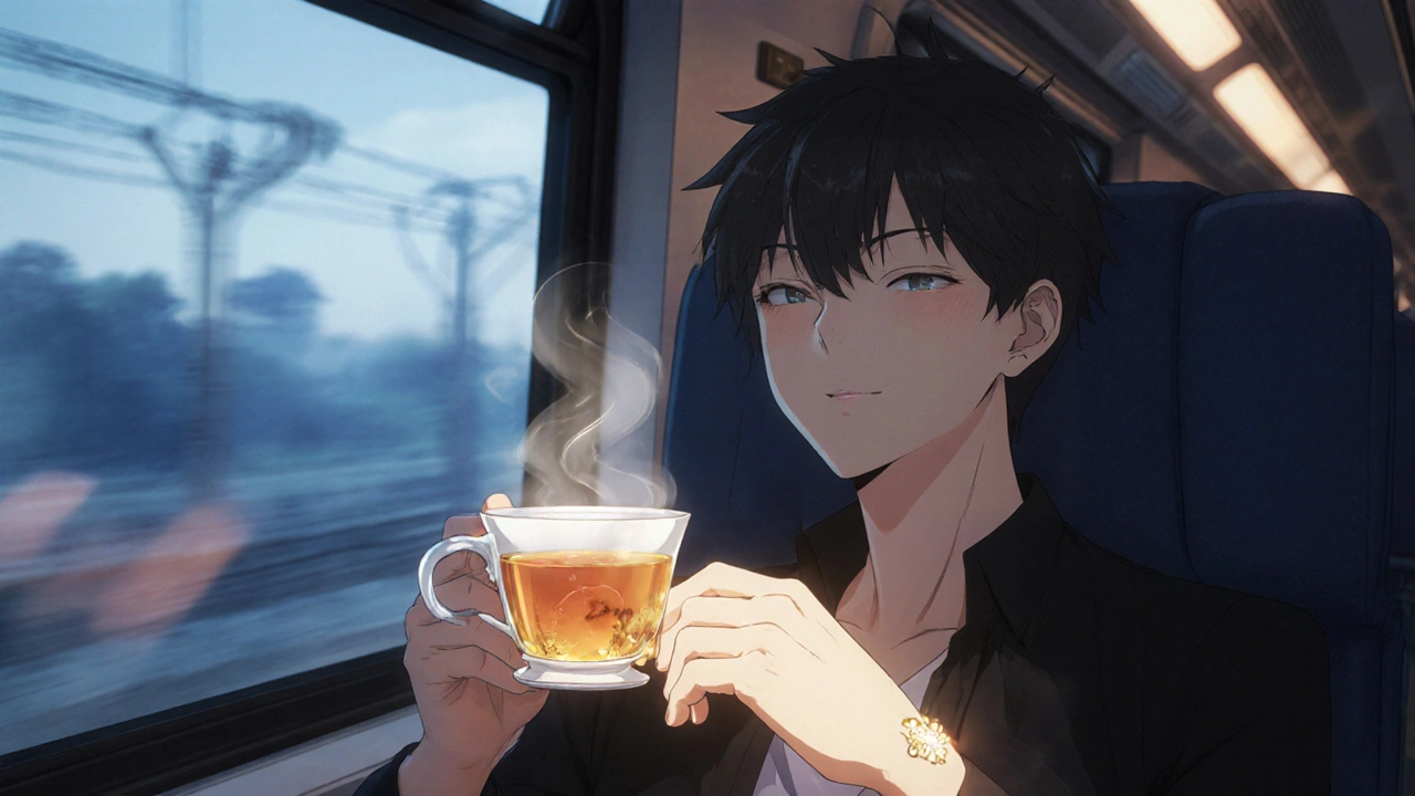 Relaxed bishounen drinks ginger tea, pressing the P6 point on his forearm during travel.