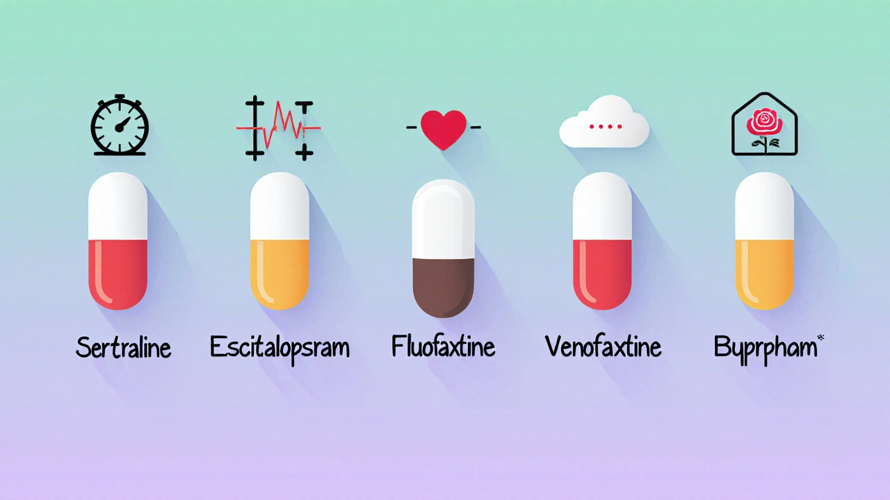 Row of five different antidepressant pills with icons for weight, sexual, blood pressure, and nausea side effects.