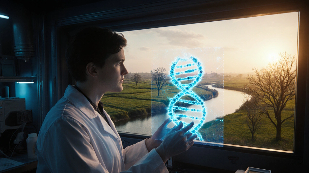 Scientist viewing a glowing Entamoeba genome hologram as a clean river and sunrise appear behind.