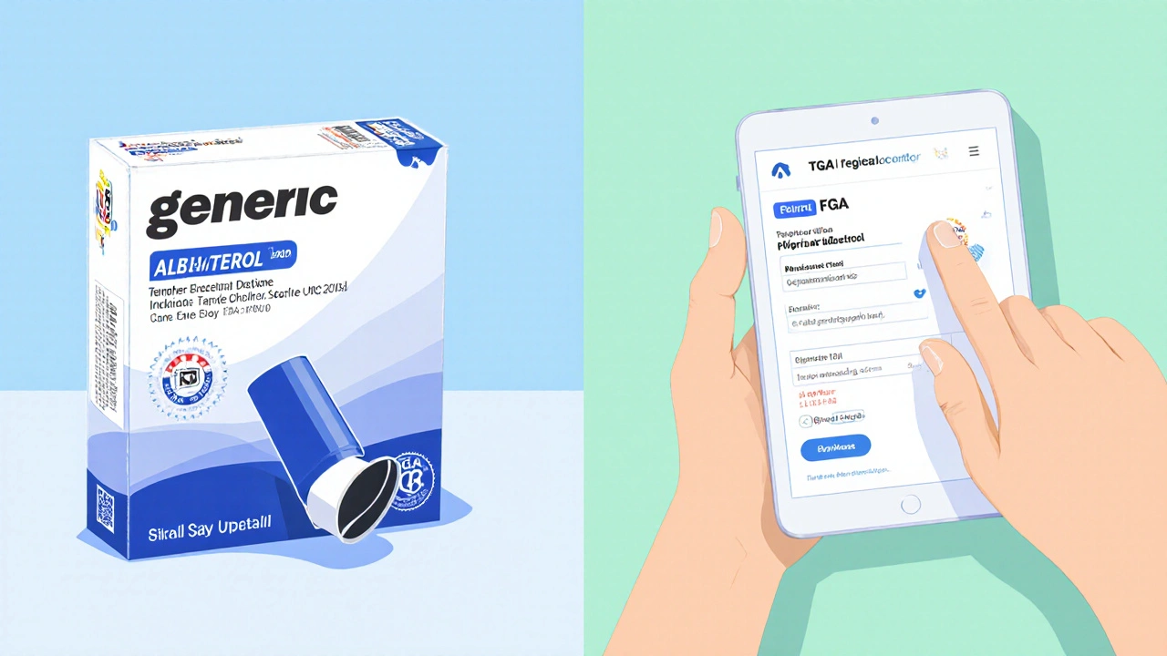 Side‑by‑side view of inhaler packaging with regulatory seals and a tablet checking pharmacy credentials.