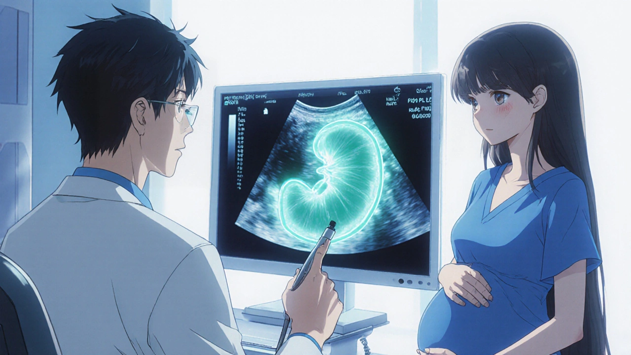 Ultrasound view of a fetus with highlighted kidneys, doctor pointing, mother watching.