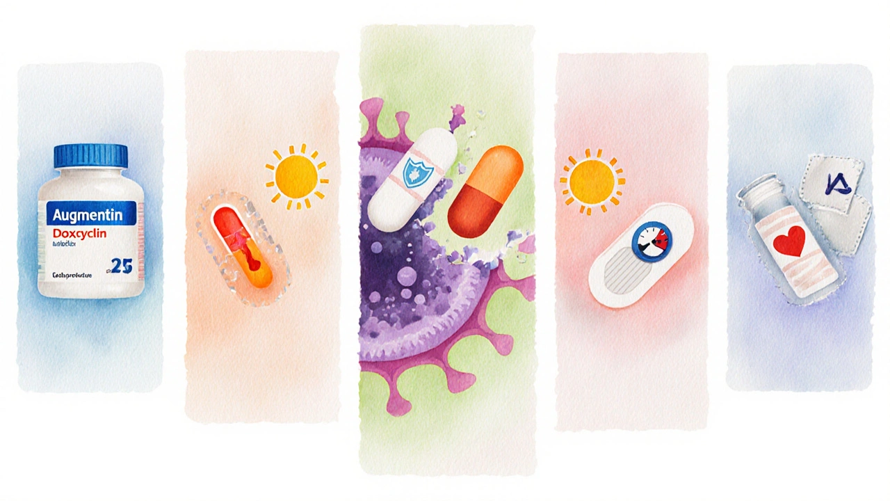 Watercolor panels showing bacterial wall and five antibiotic forms with visual cues.