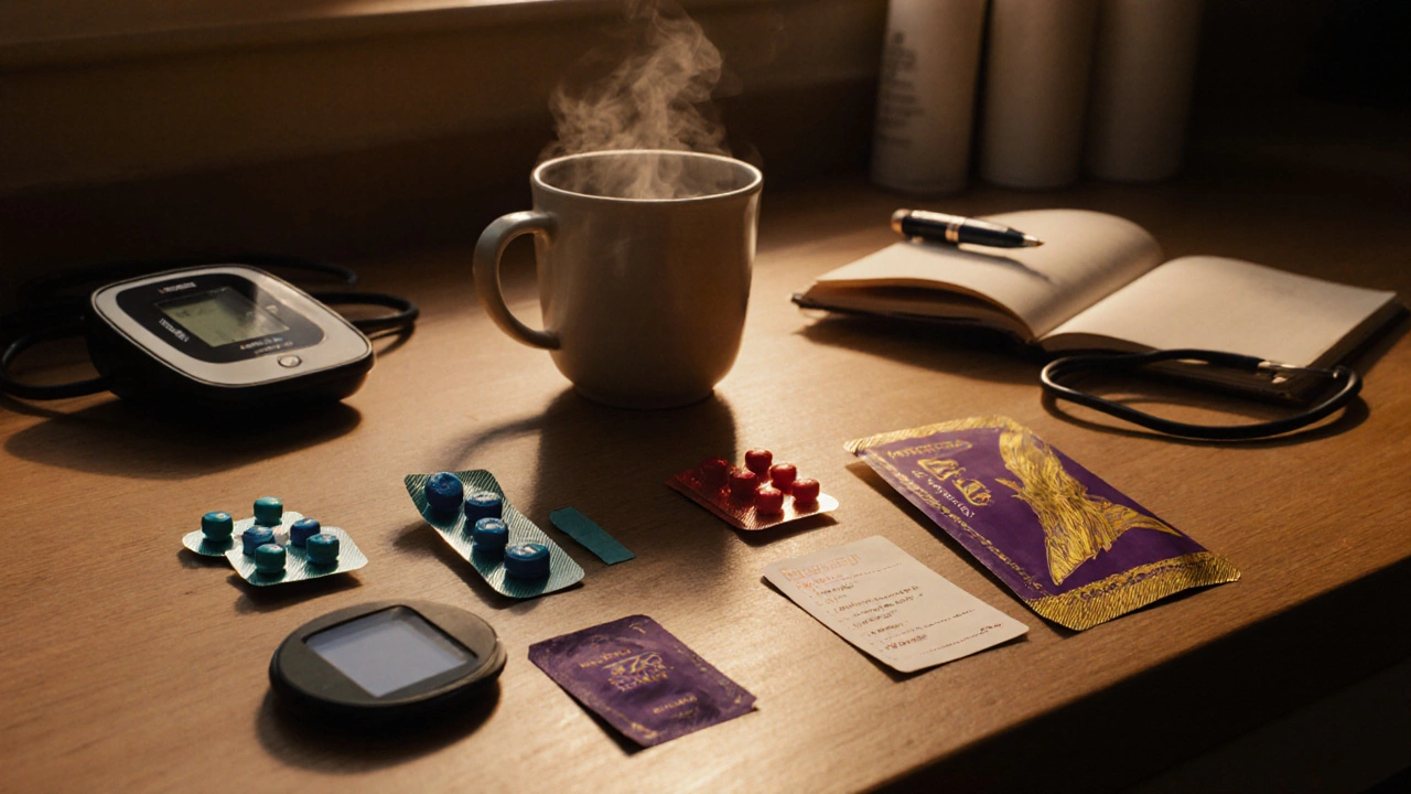 Wooden counter displaying various ED pills, a blood pressure cuff, mug and notebook for decision making.