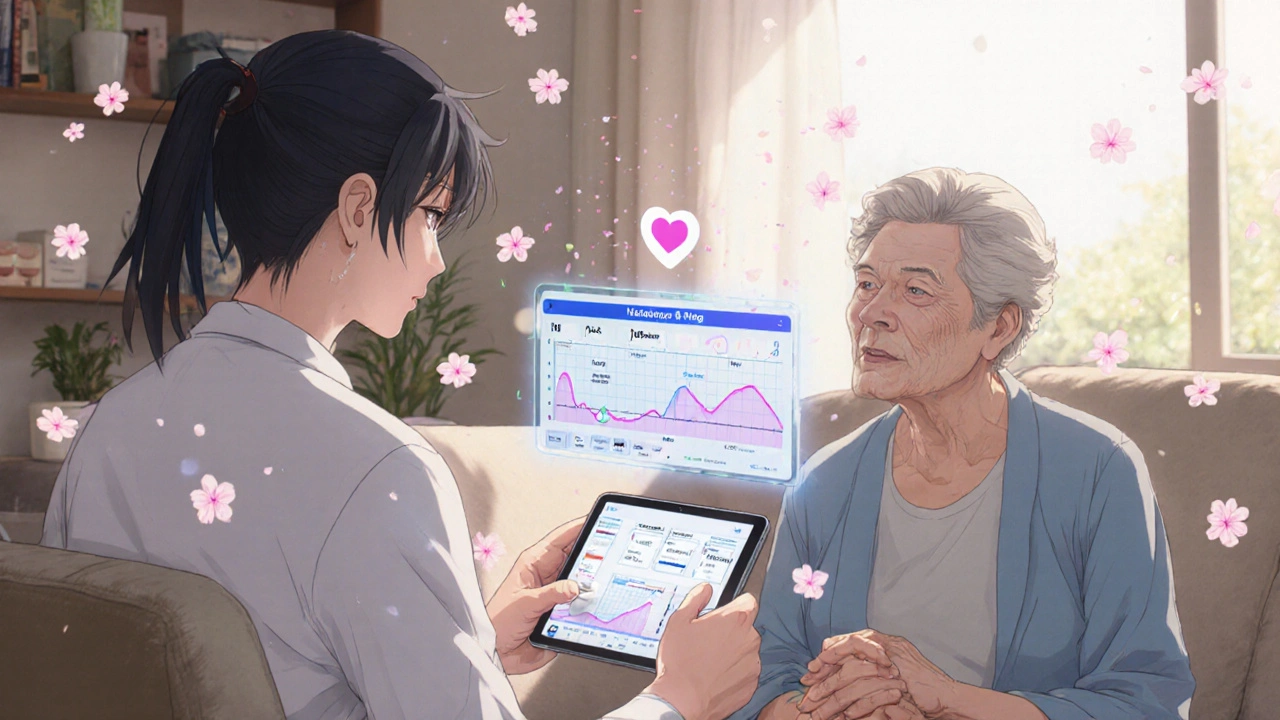 A caregiver and senior watch a holographic medication timeline during a video call with a pharmacist.