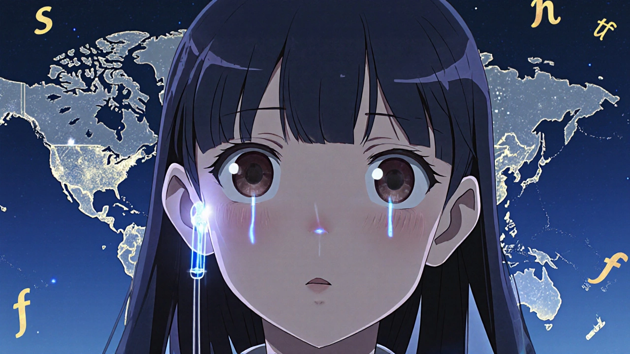 A close-up of a girl’s ear with a glowing probe tube and a holographic real-ear measurement graph floating behind her.