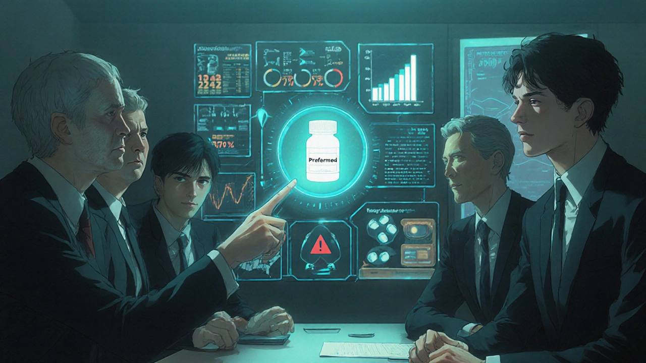 A committee of elegant figures reviews holographic drug data in a glowing boardroom, one pointing to a preferred generic.