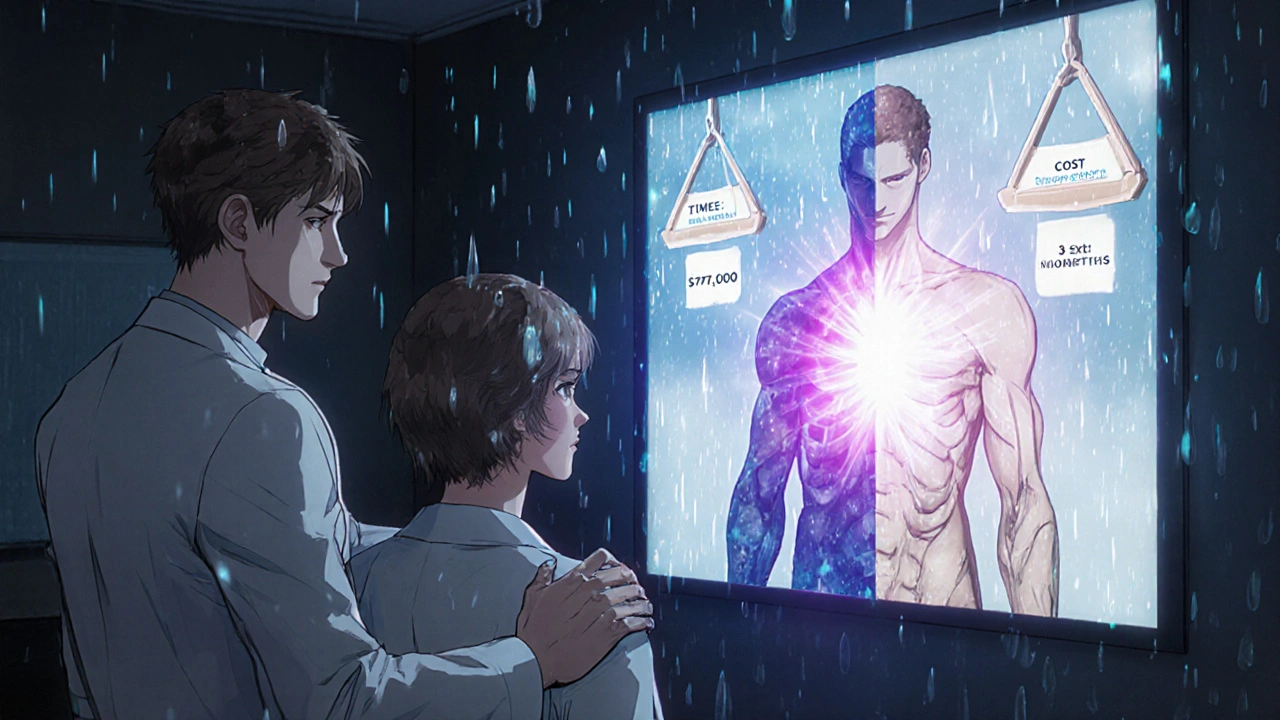 A doctor and patient view a digital screen comparing death and remission, with symbolic cost and time weights floating beside them.