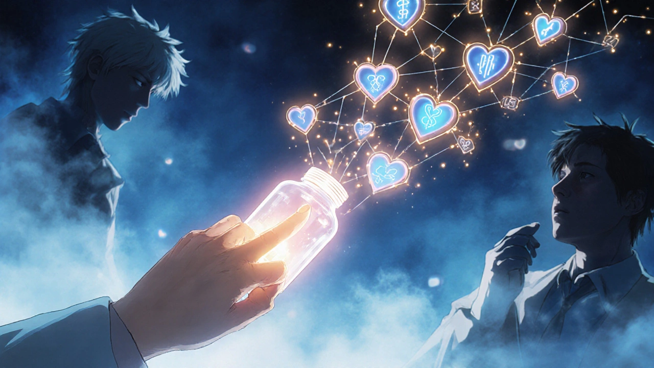 A hand pressing a smart pill bottle, digital light trails forming hearts and medical symbols as doubt fades into mist.